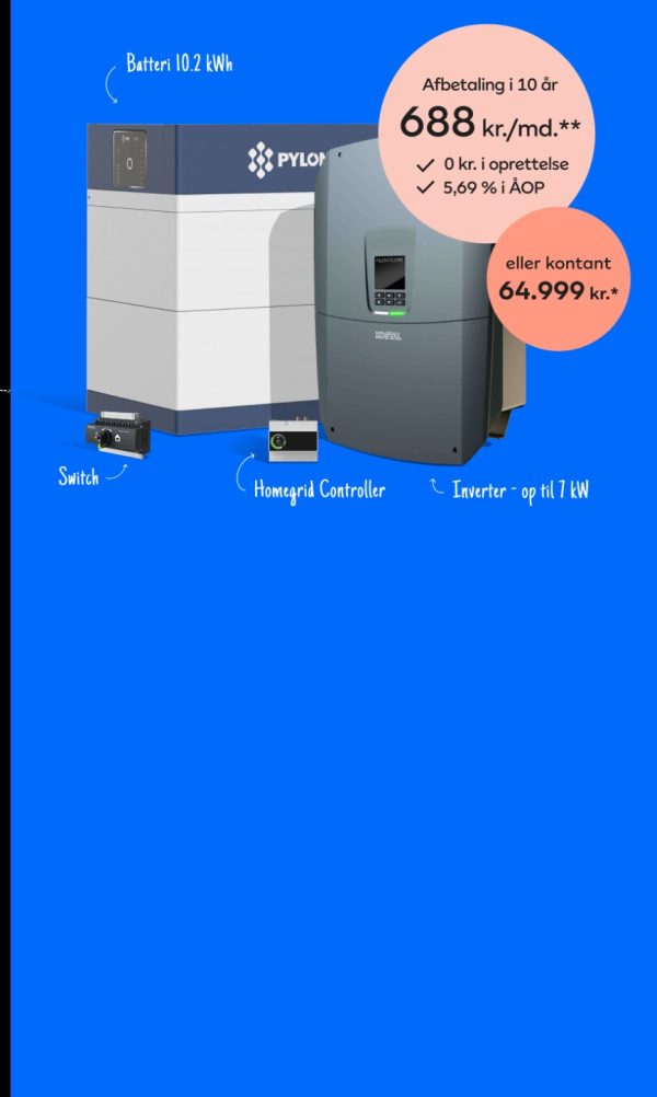 Batteriløsning fra Andel Energi med 10,2 kWh batteri – intelligent energistyring med inverter og Homegrid Controller, der automatisk udnytter billig strøm og sænker elregningen.