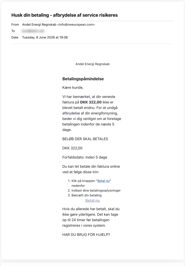 Eksemplet er en mail med overskriften: Husk din betaling - afbrydelse af services risikeres.